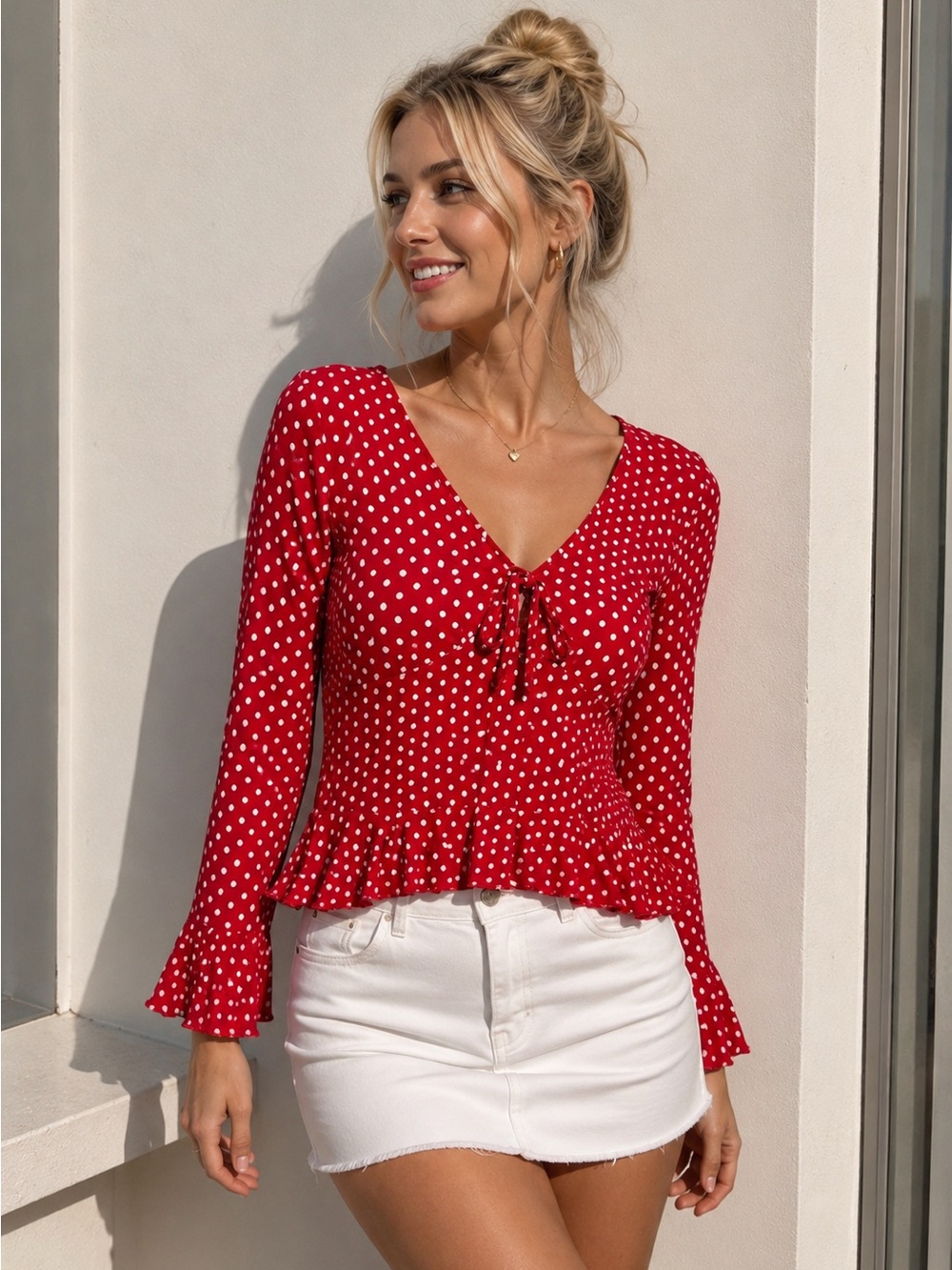 Almost Famous Women Rayon Red Polka Dot Peplum Top Bell Sleeve V-Neck Tie Front